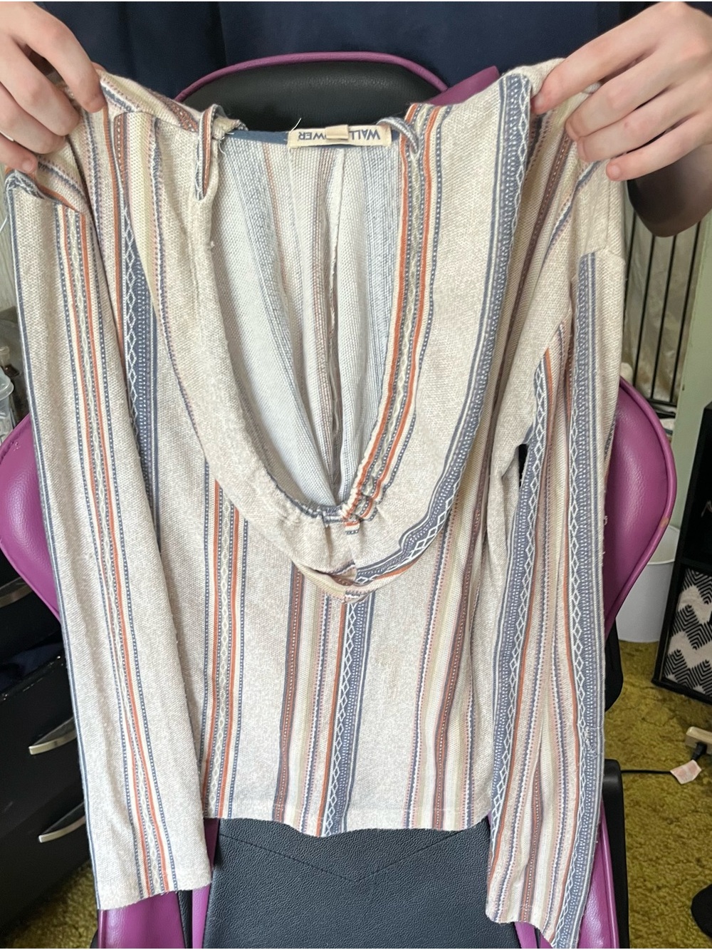 Wallflower Beige Hooded Striped Poncho Sweater with Rust and Gray Accents - Picture 2 of 2